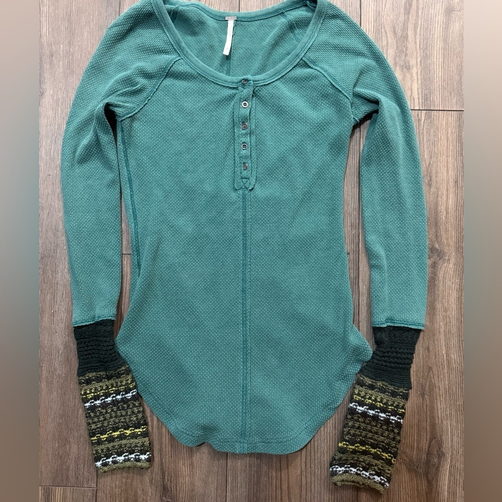Free People Waffle Knit Thermal Top Green Boho Henley Long Sleeve Women’s Small